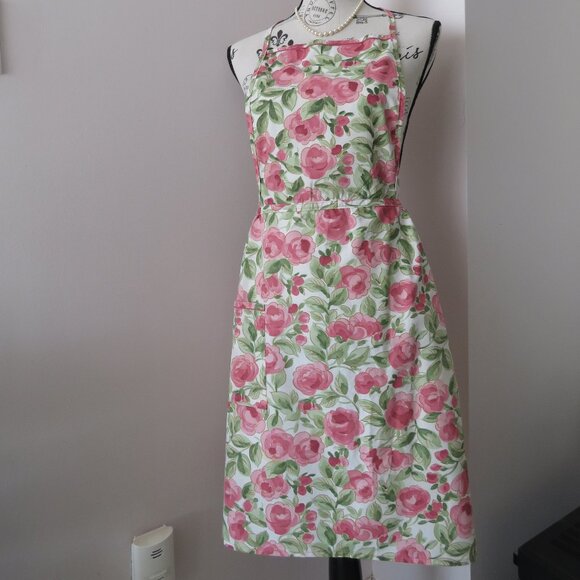 Vintage Cotton Apron With Pink & Green Floral Pattern - Picture 1 of 8